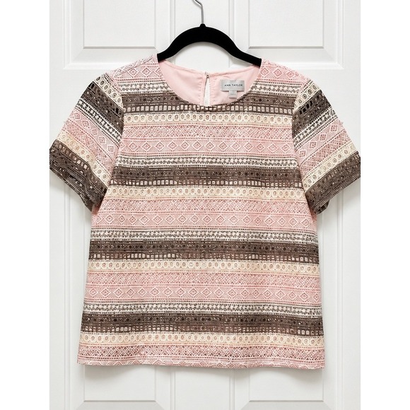 Tahari Arthur S. Levine Tops - Tahari Arthur S Levine Womens Size 8 Pink Brown Lace Stripe Blouse Short Sleeve